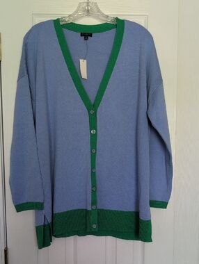 Talbots Light Blue Cardigan with Green Trim